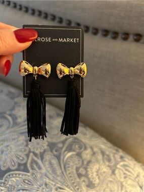 Melrose and Market Gold Bow with Black Tassels Earrings